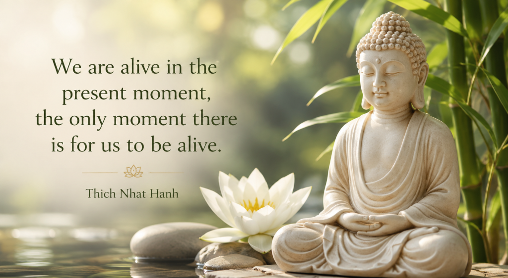 Peaceful Buddha statue beside a lotus flower with a Thich Nhat Hanh quote about living in the present moment