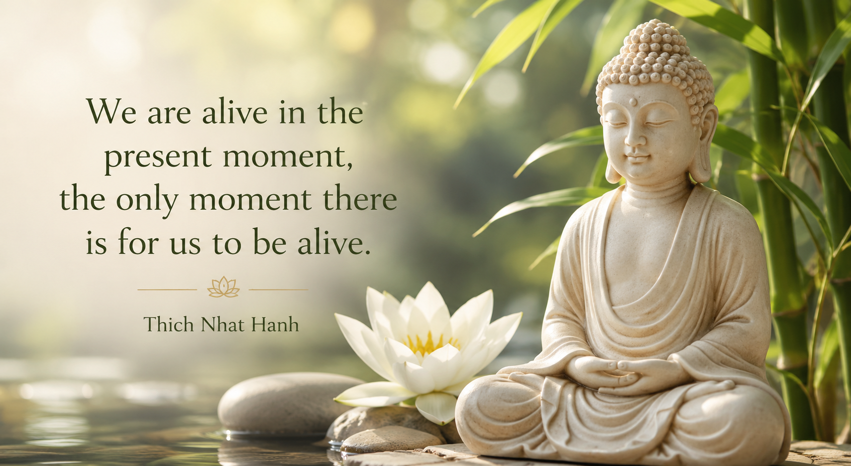 Peaceful Buddha statue beside a lotus flower with a Thich Nhat Hanh quote about living in the present moment