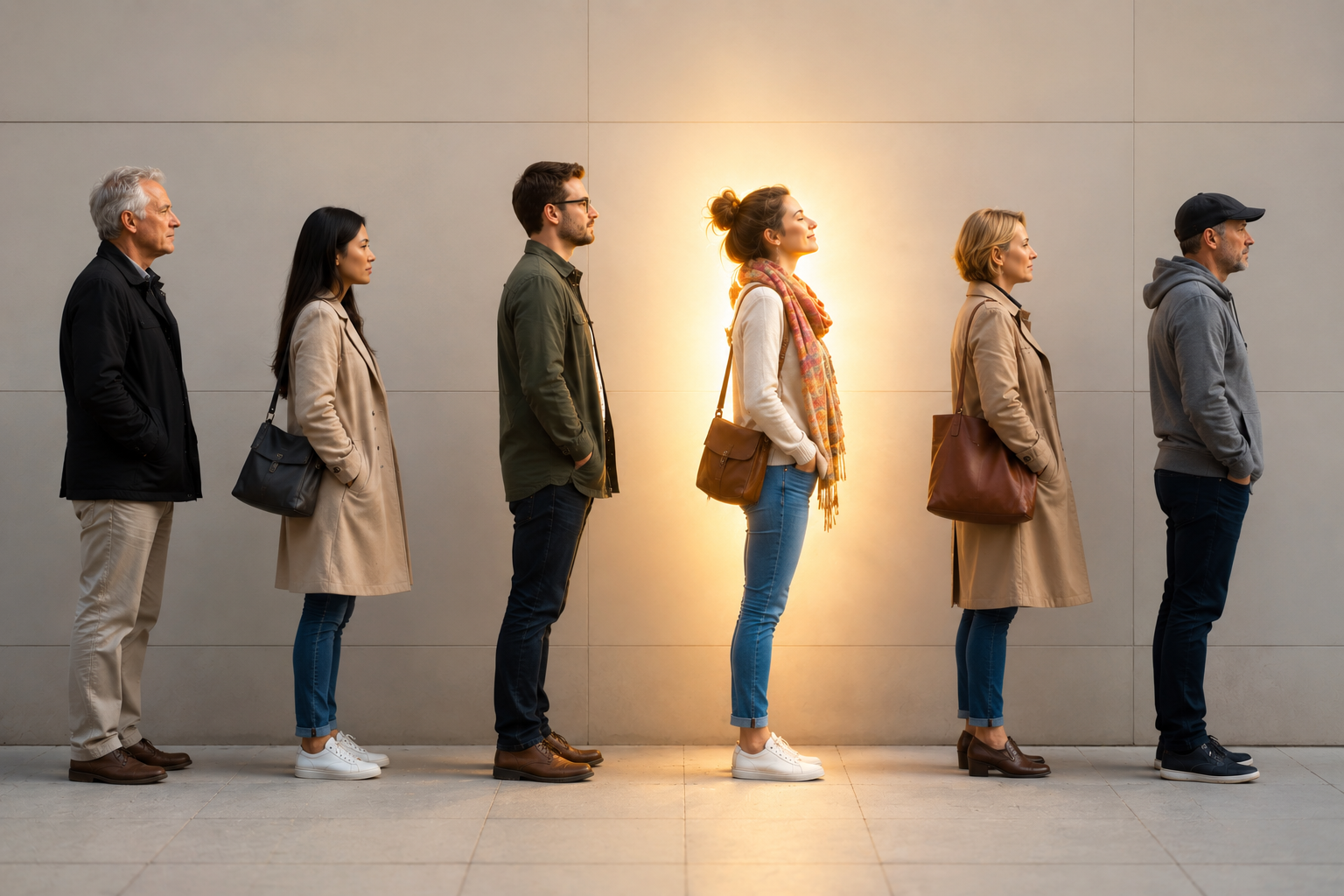 Woman standing peacefully in a queue while others wait around her