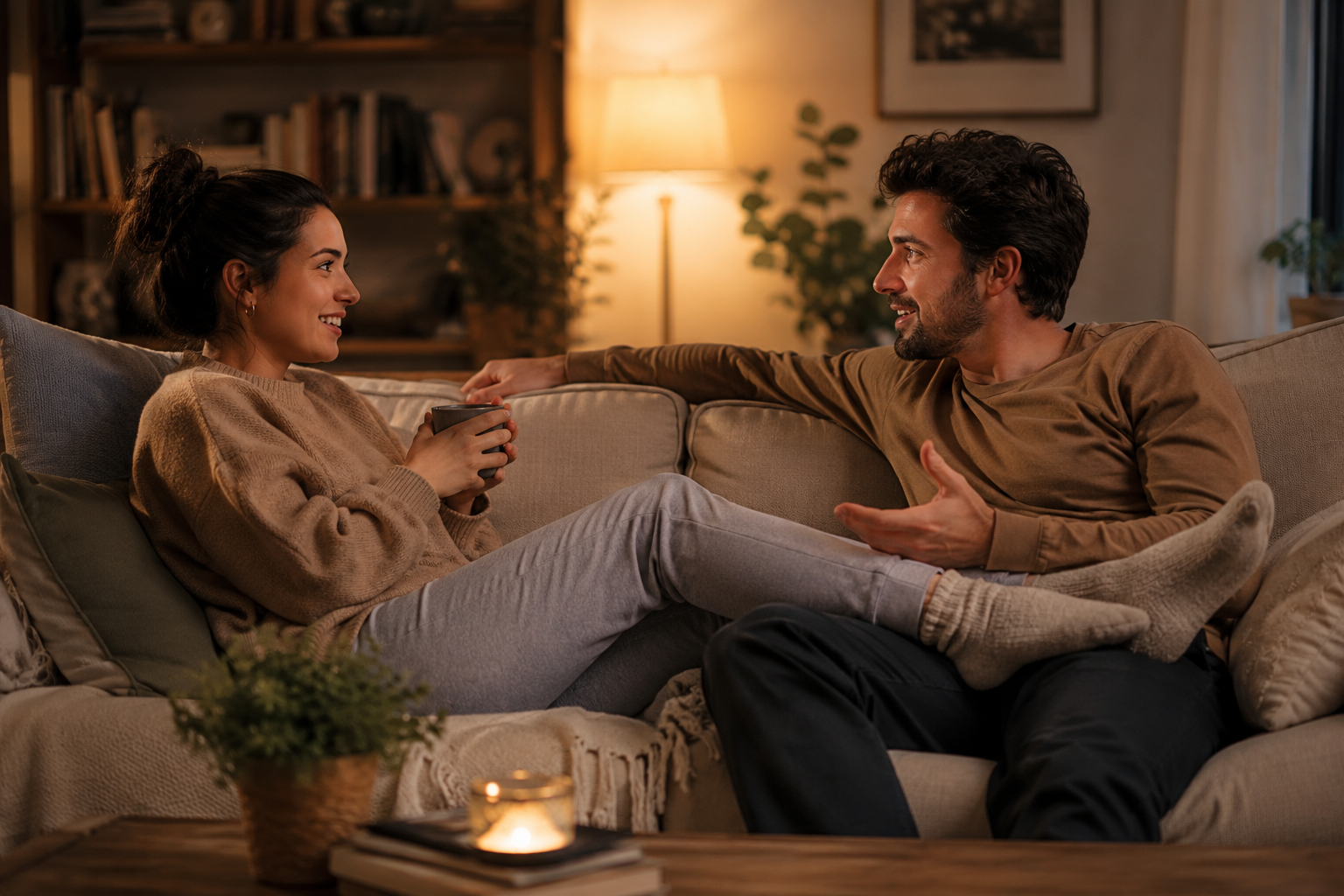 Couple sitting together on a couch having a warm and attentive conversation without distractions