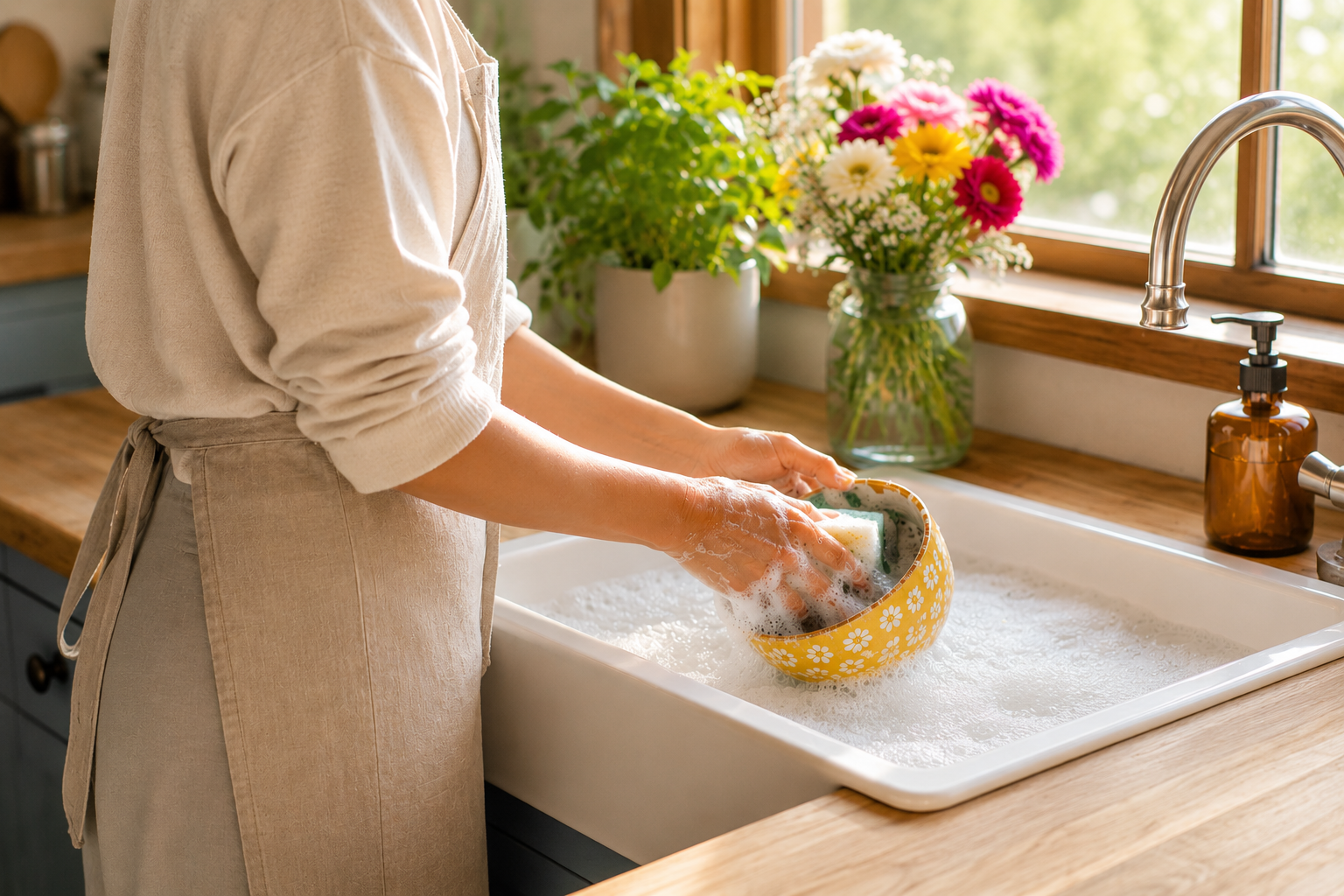 Woman washing dishes mindfully in a bright sunlit kitchen filled with warm natural light and colorful flowers